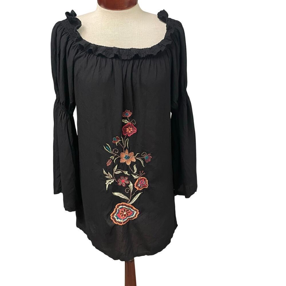 Avani Floral Boho Embroidered Bell Sleeve Blouse Size Small Tunic Off Shoulder